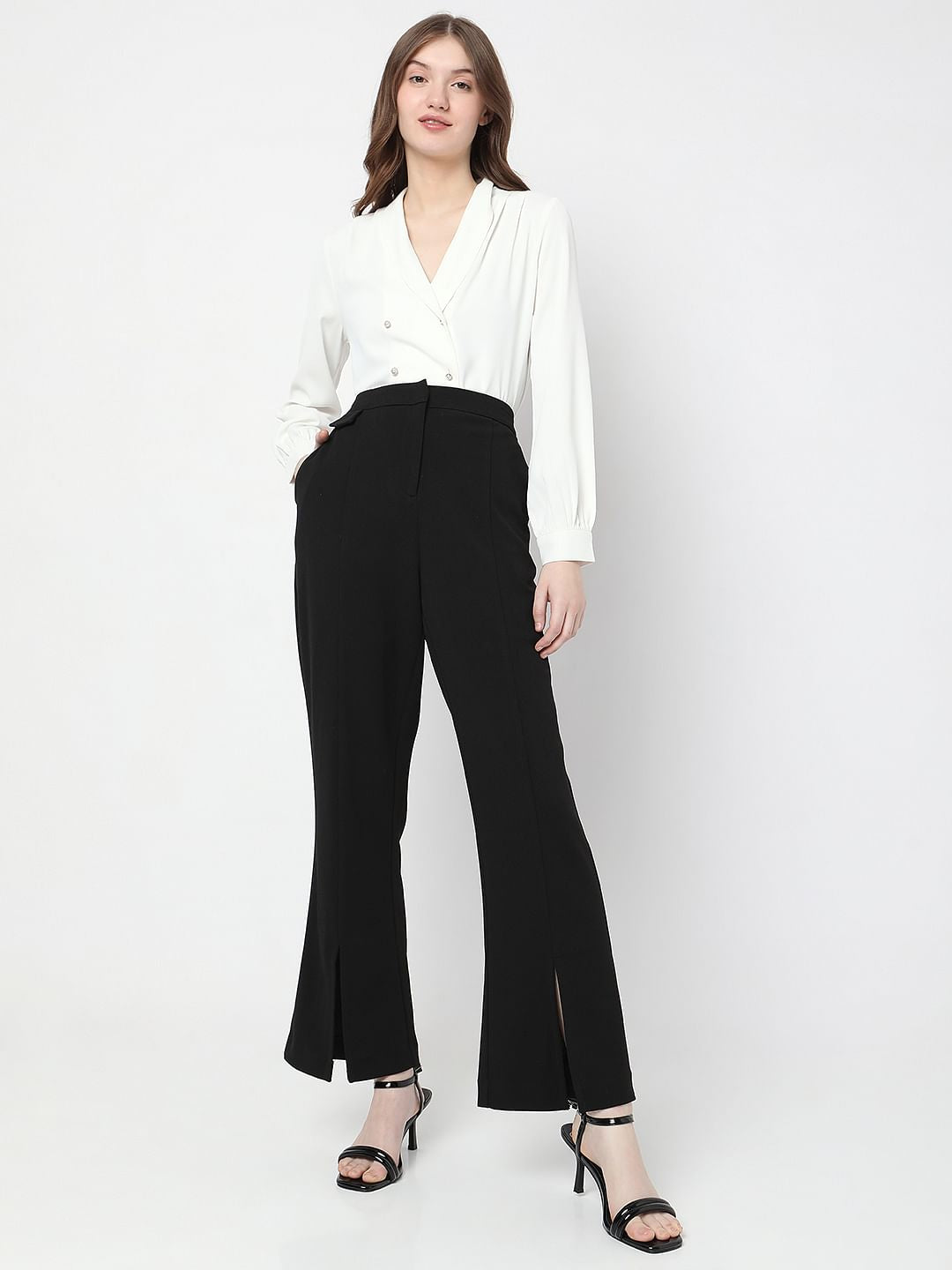 Black High Rise Front Slit Pants
