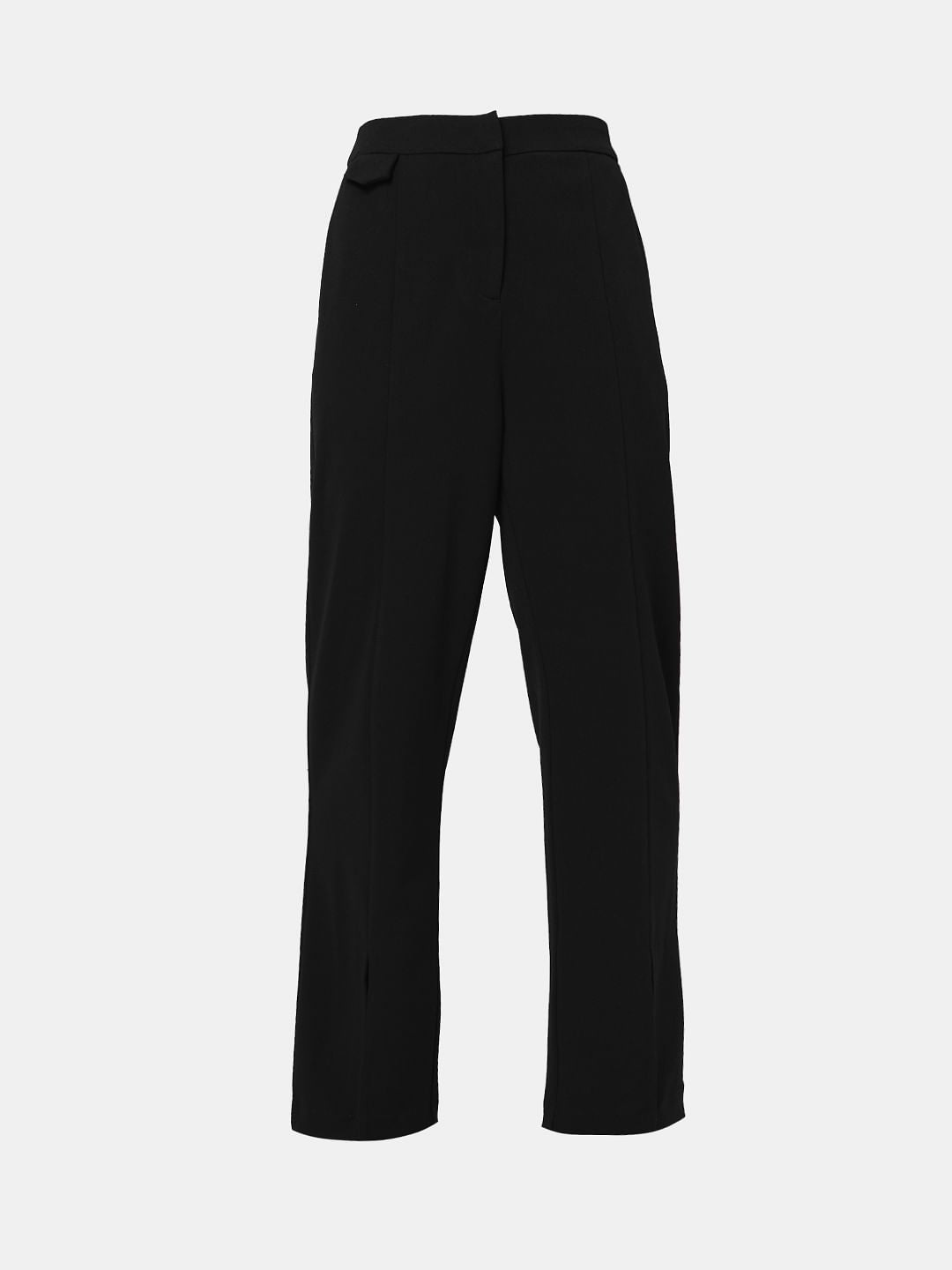 Black High Rise Front Slit Pants