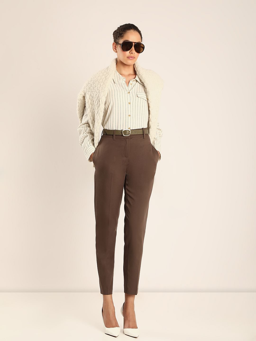 Brown Ankle Length Tapered Fit Pants