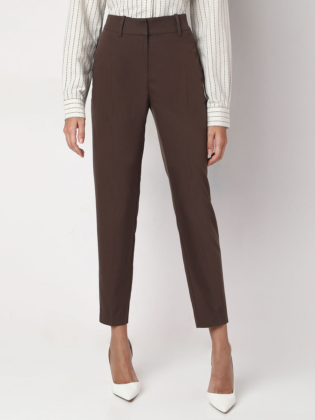 Brown Ankle Length Tapered Fit Pants