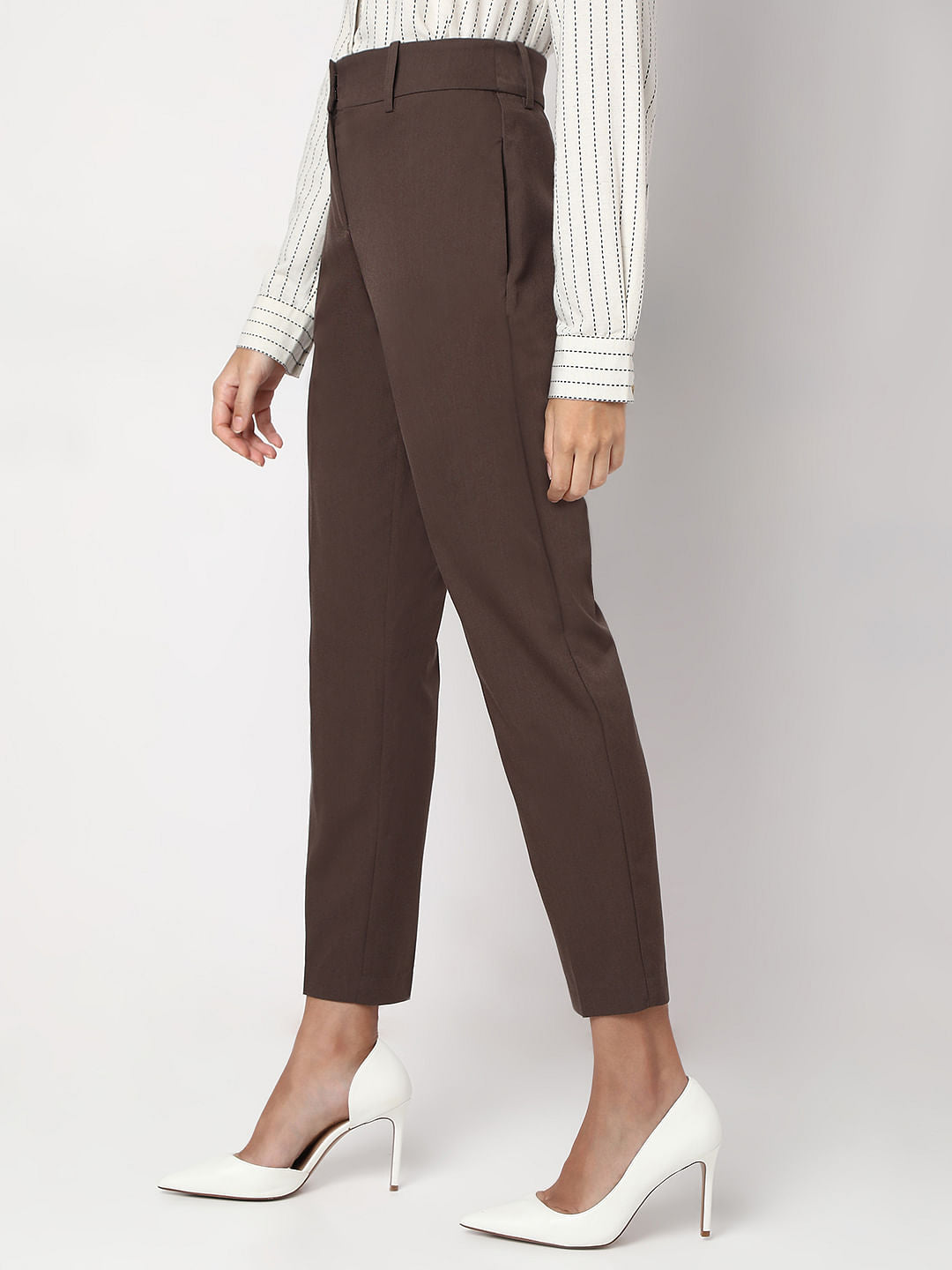 Brown Ankle Length Tapered Fit Pants