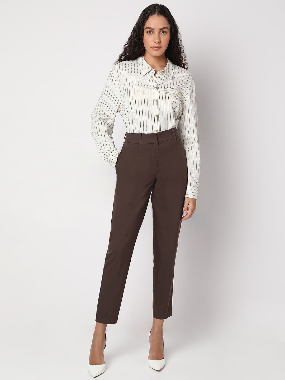 Brown Ankle Length Tapered Fit Pants