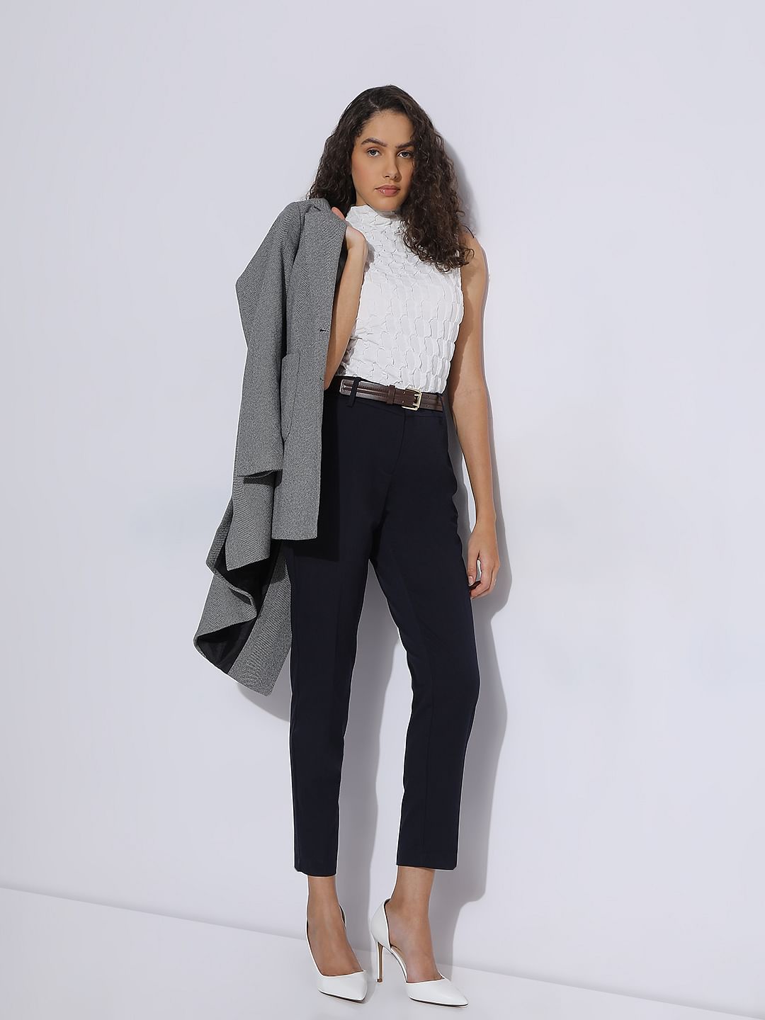 Navy Blue Ankle Length Tapered Fit Pants