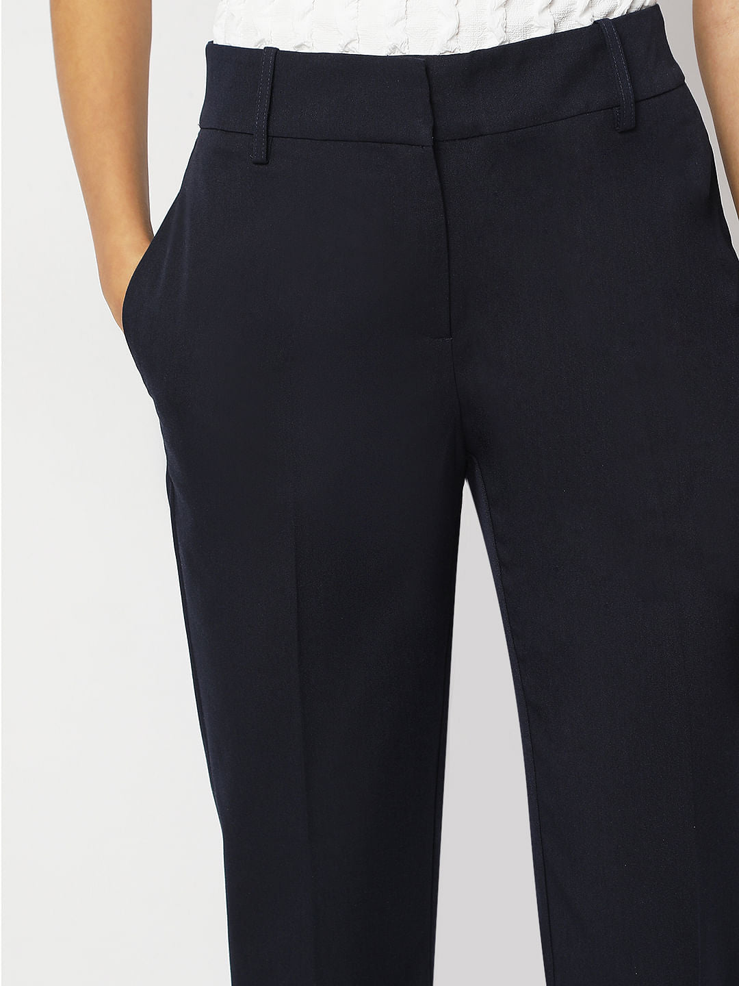 Navy Blue Ankle Length Tapered Fit Pants