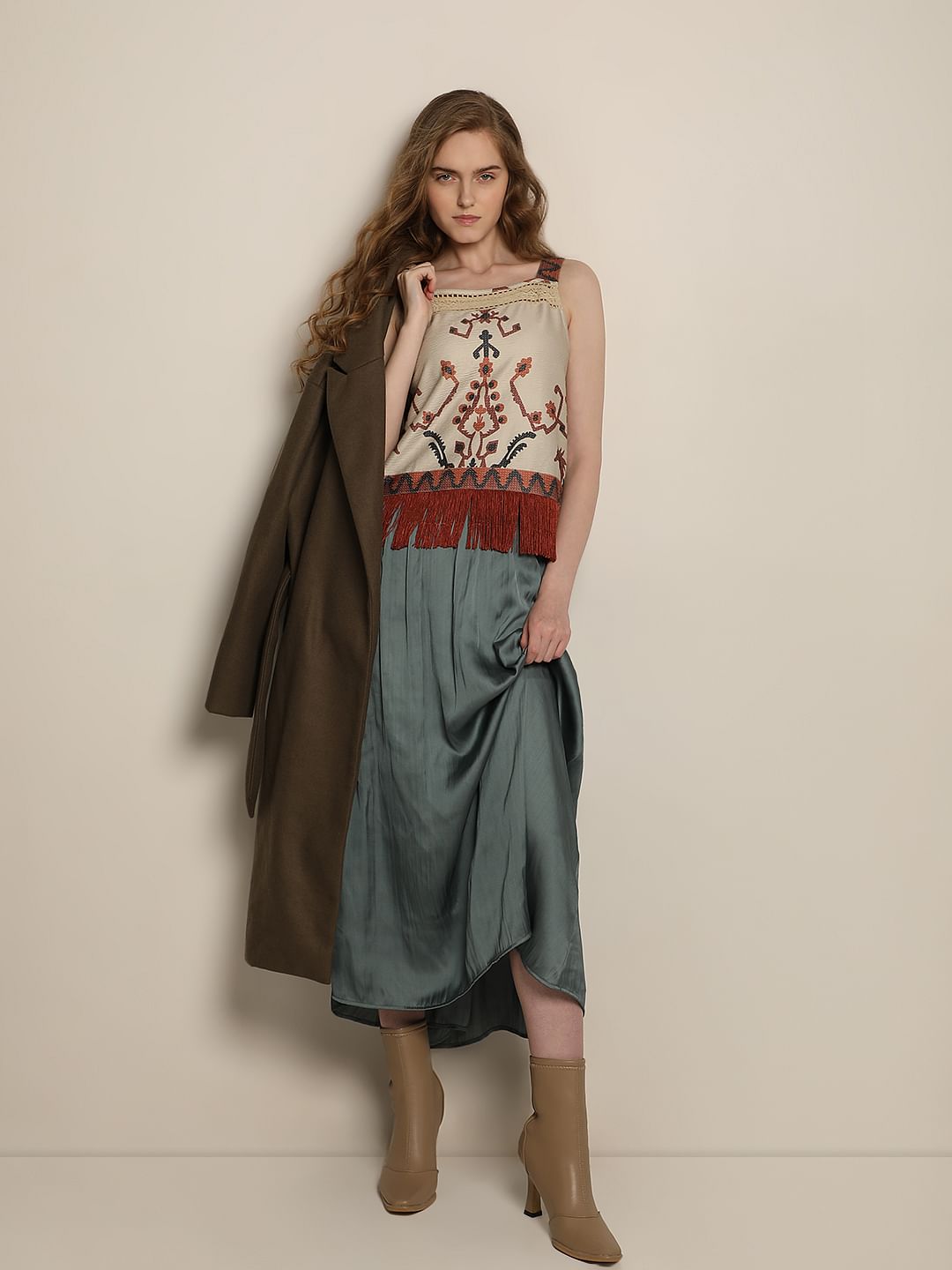 Green High Rise Plisse Skirt