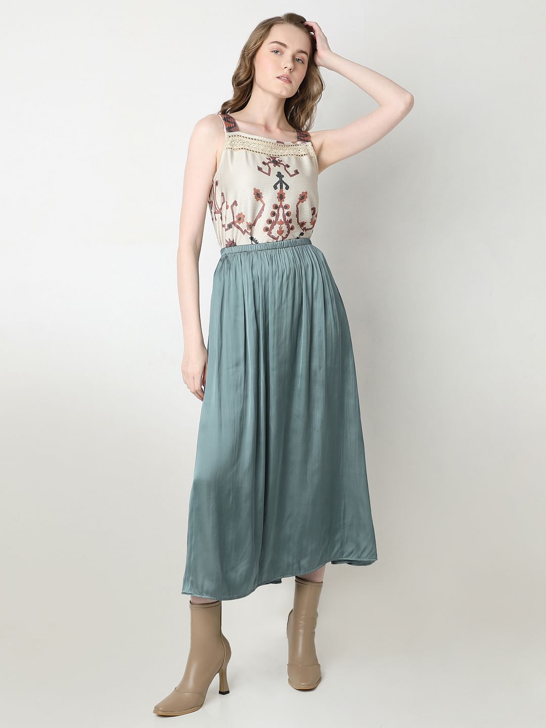 Green High Rise Plisse Skirt