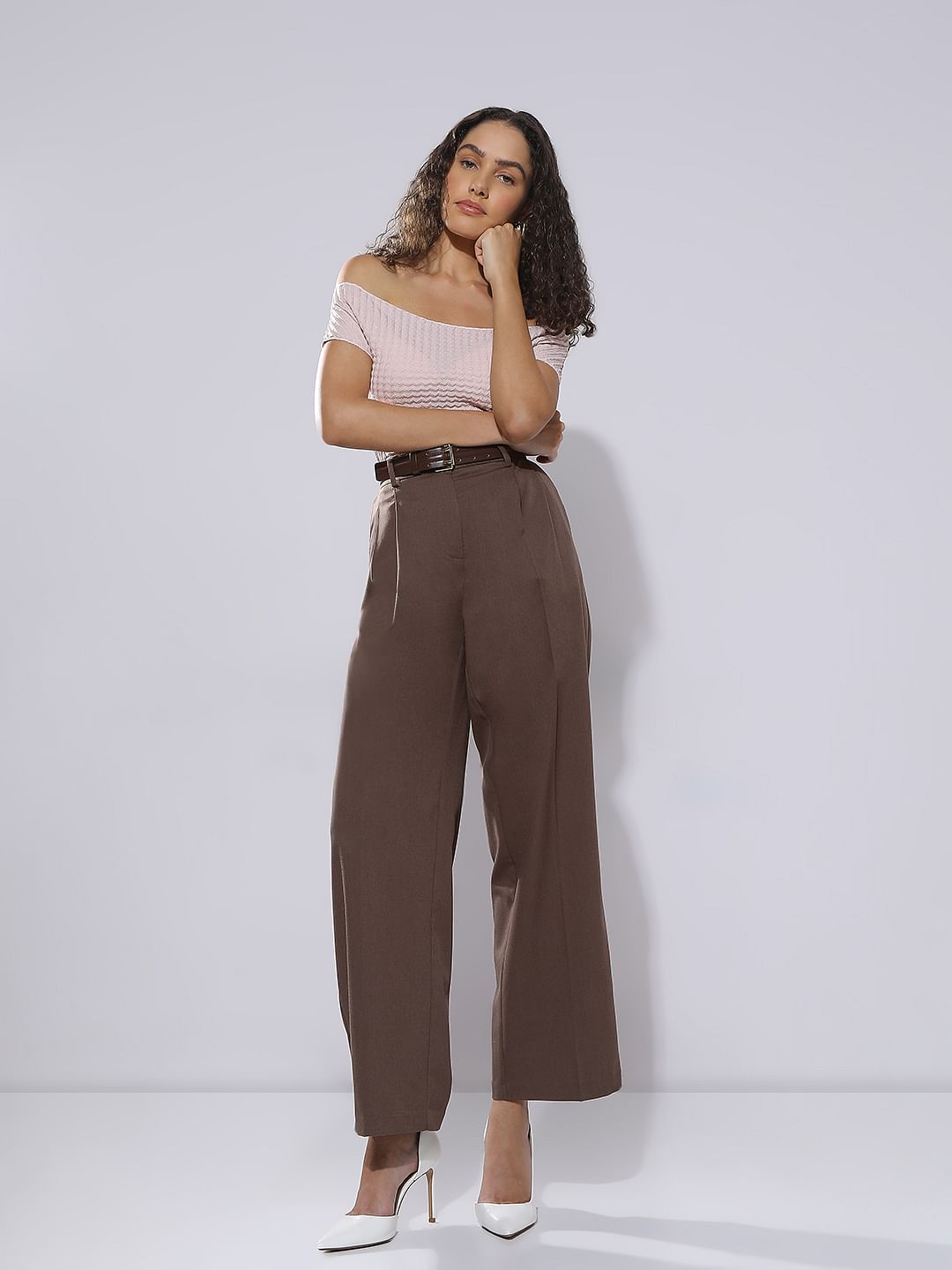 Brown Mid Rise Wide Leg Dad Pants