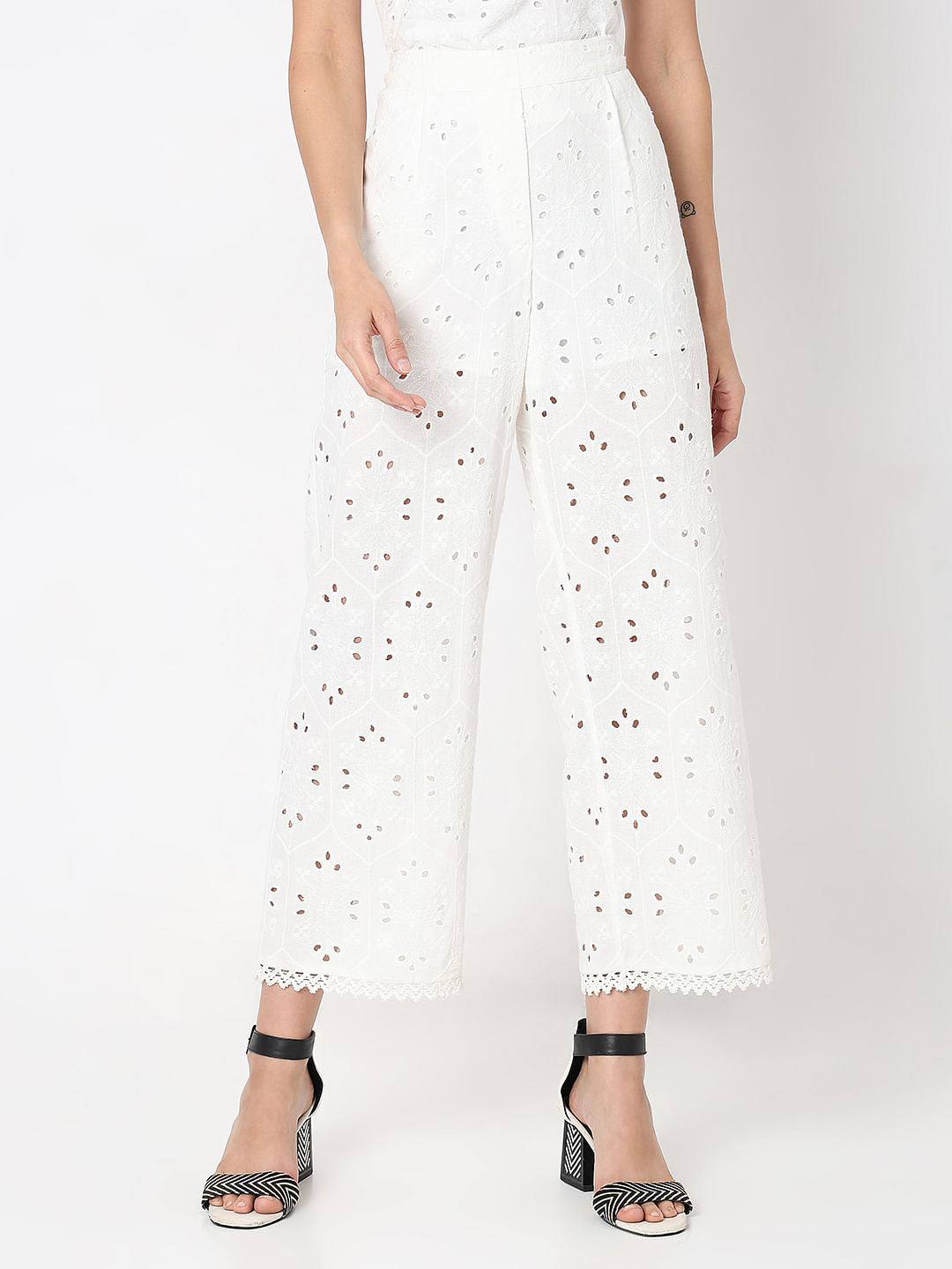 White Schiffli Co-Ord Set Pants