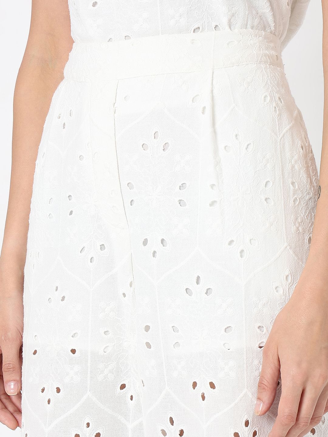 White Schiffli Co-Ord Set Pants