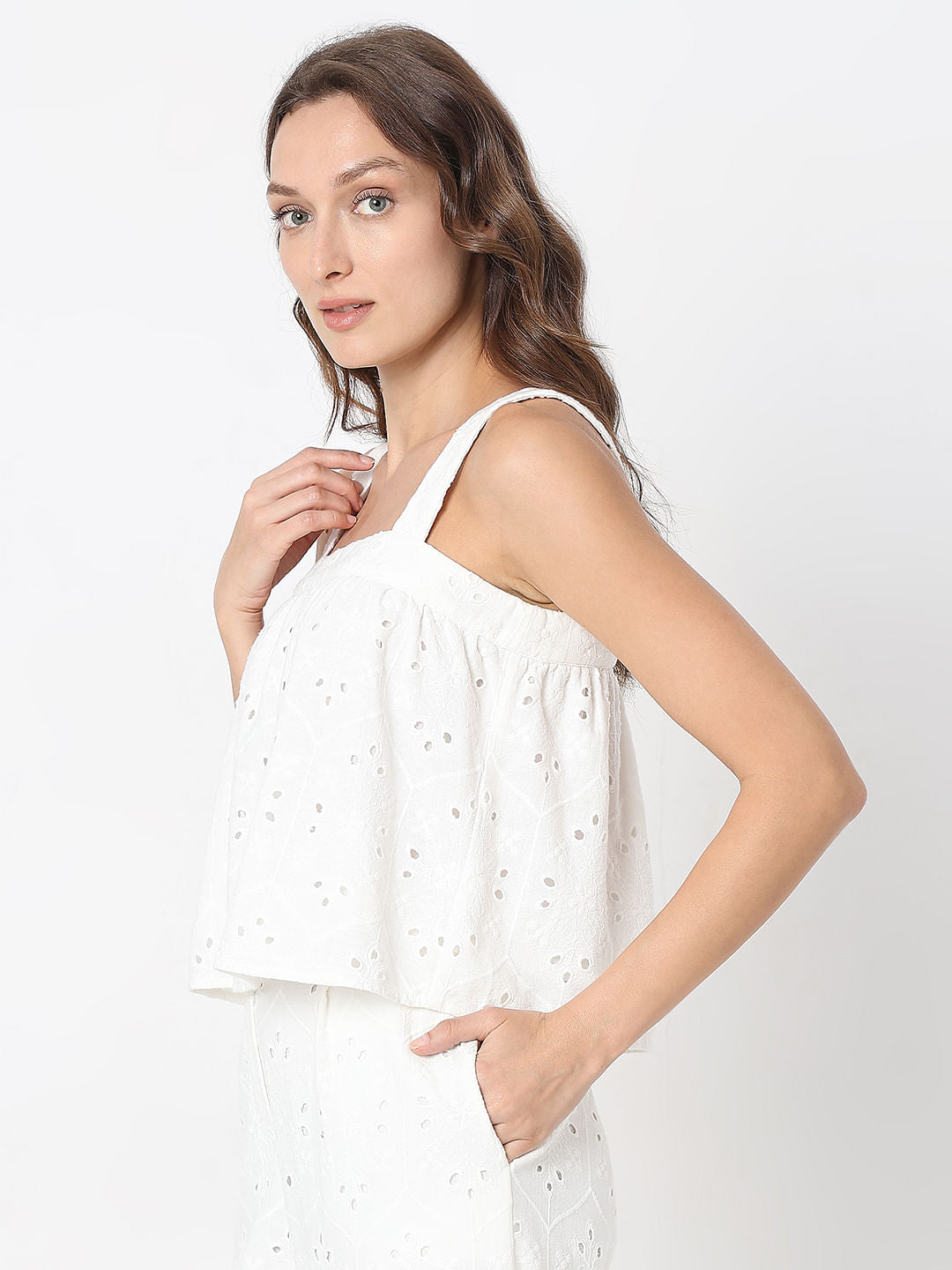 White Schiffli Co-Ord Set Top