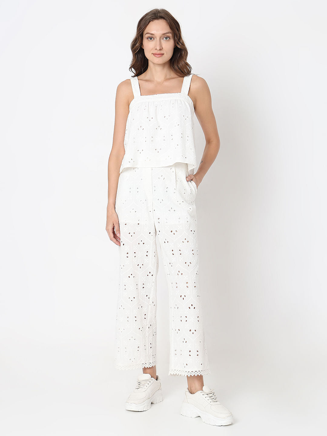 White Schiffli Co-Ord Set Top