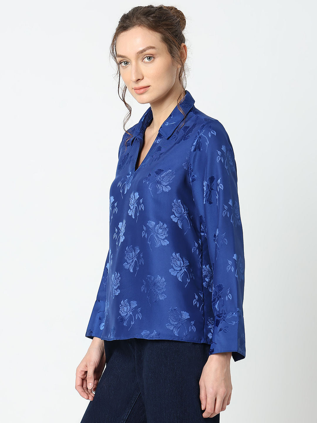 Blue Rose Print Satin Shirt