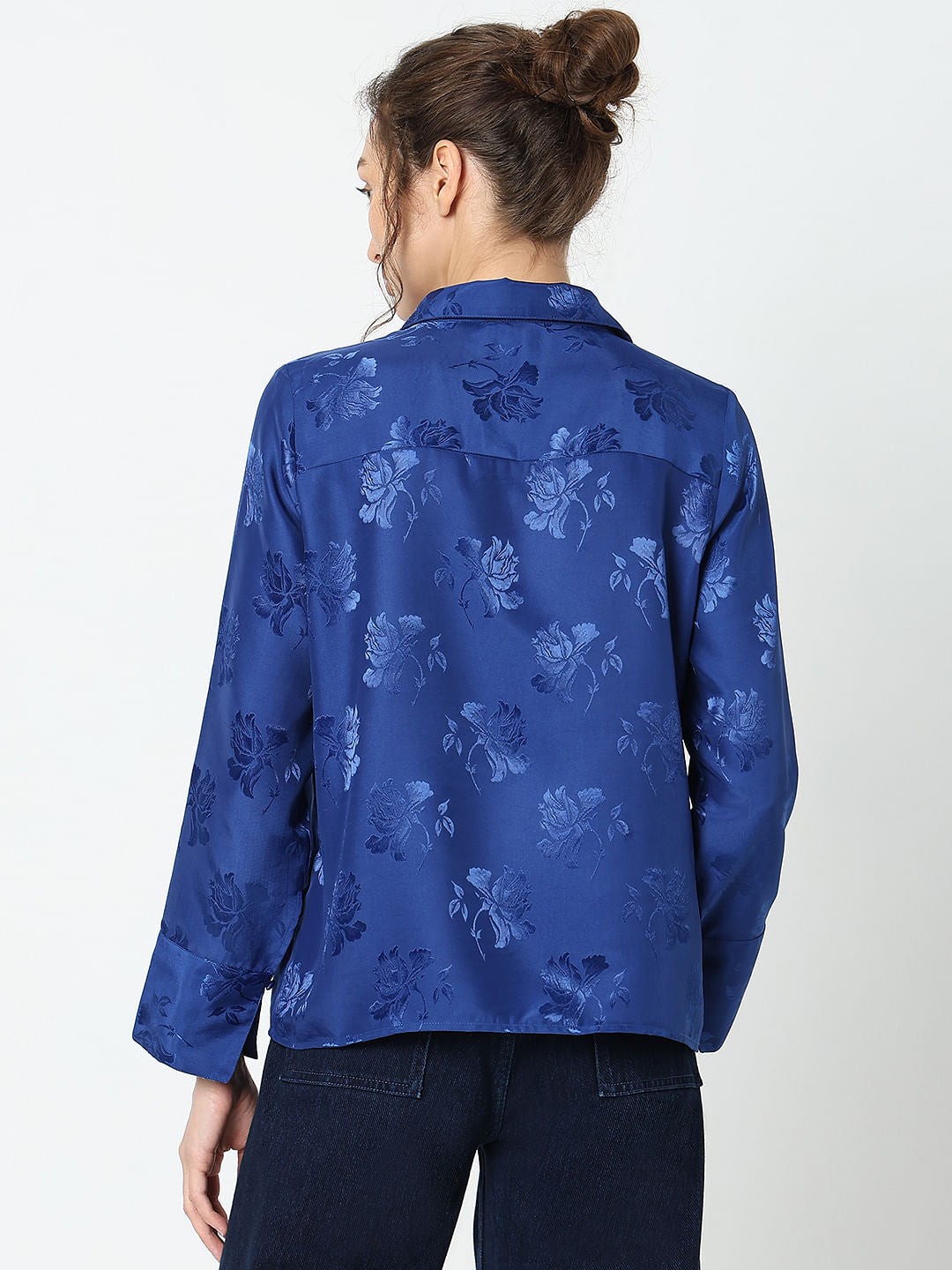 Blue Rose Print Satin Shirt