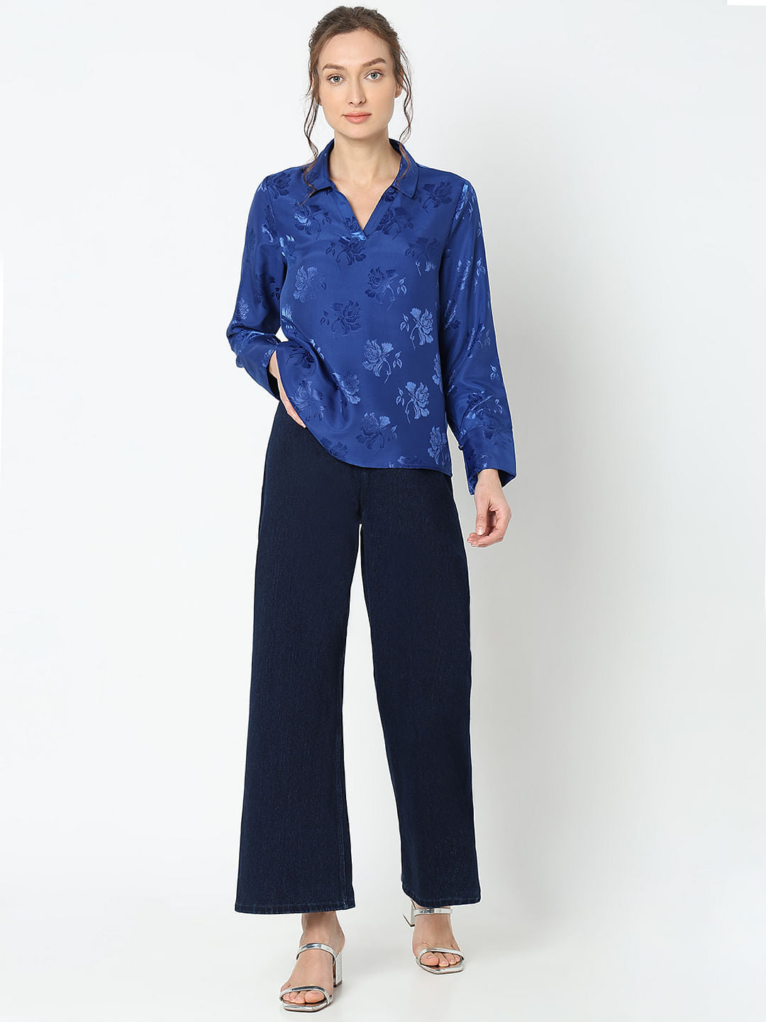 Blue Rose Print Satin Shirt