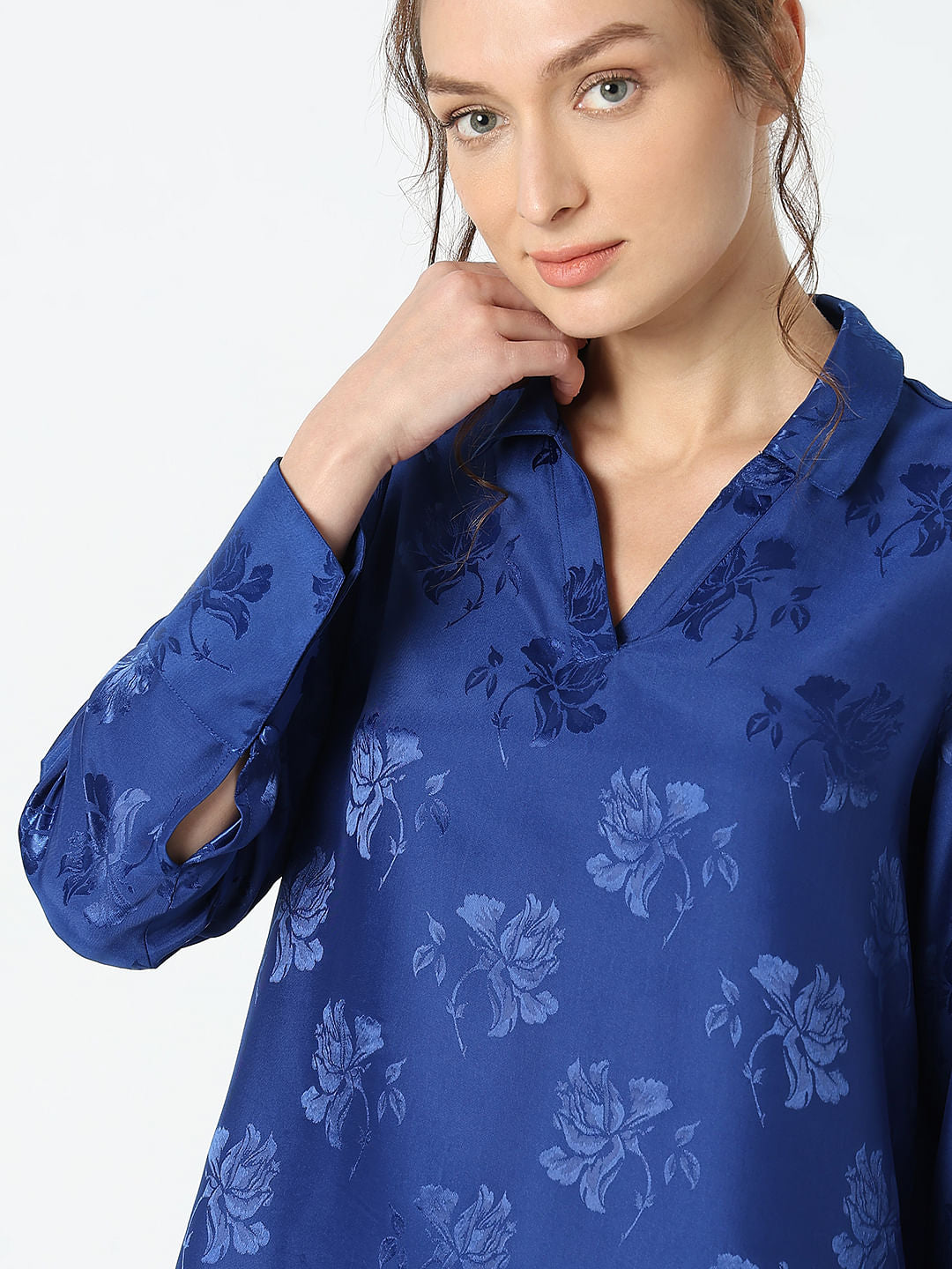 Blue Rose Print Satin Shirt