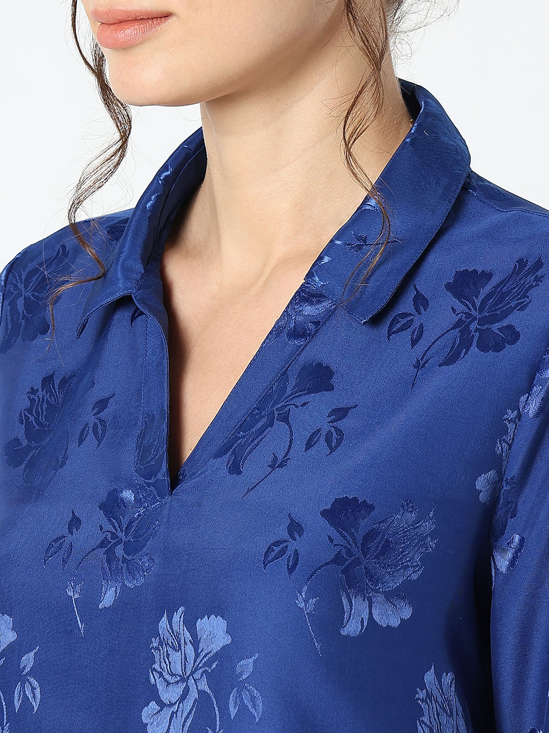 Blue Rose Print Satin Shirt