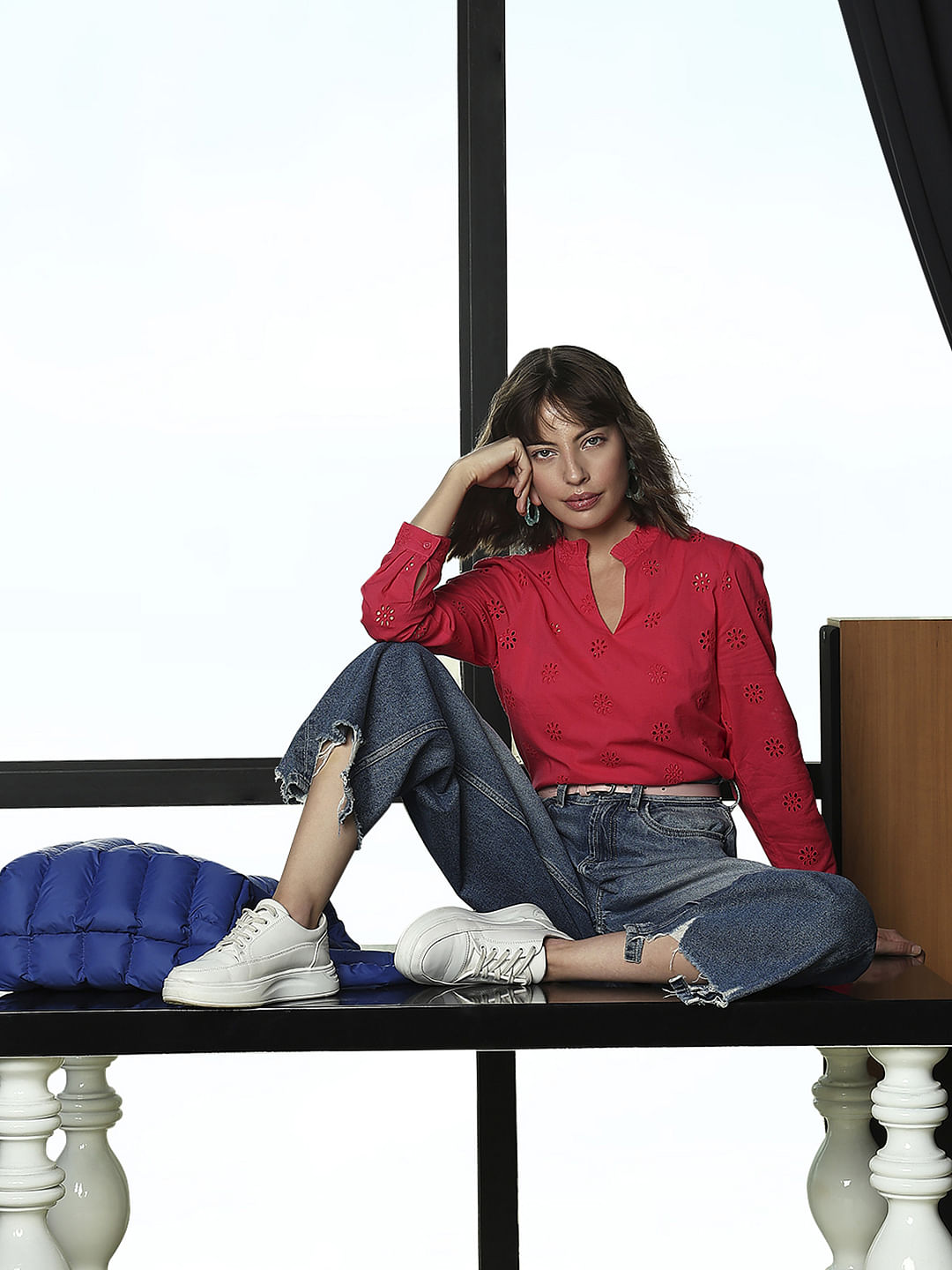 Red Schiffli Full Sleeves Top