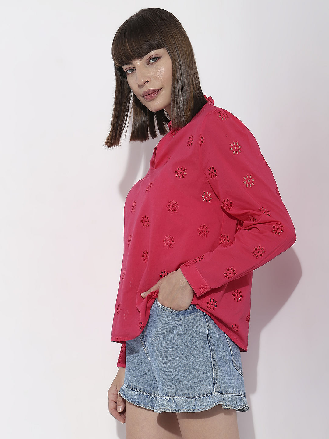 Red Schiffli Full Sleeves Top
