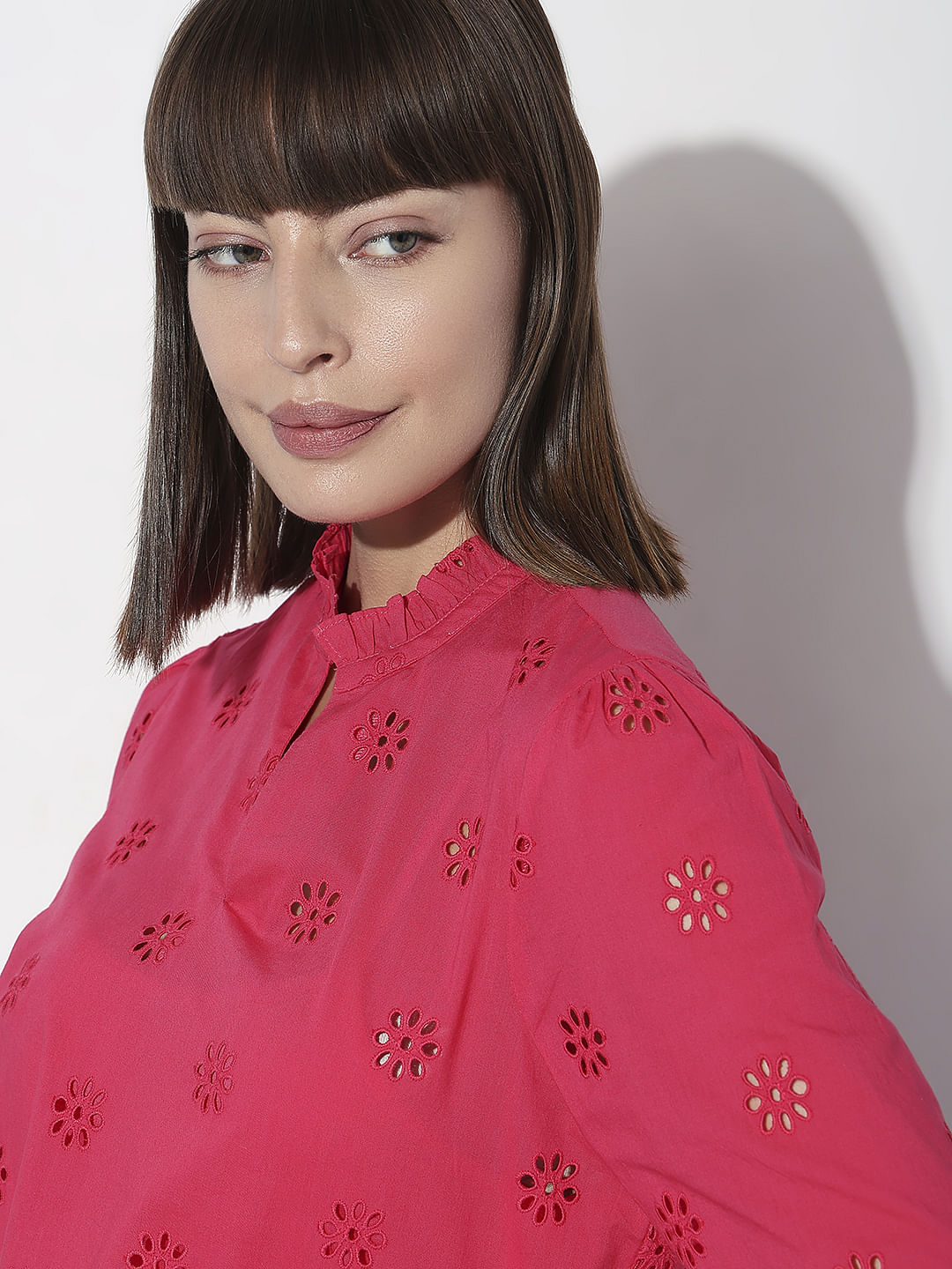 Red Schiffli Full Sleeves Top