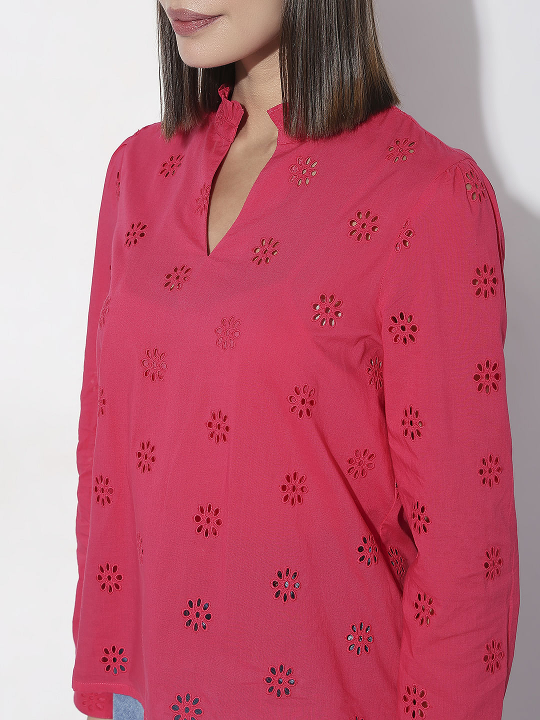 Red Schiffli Full Sleeves Top