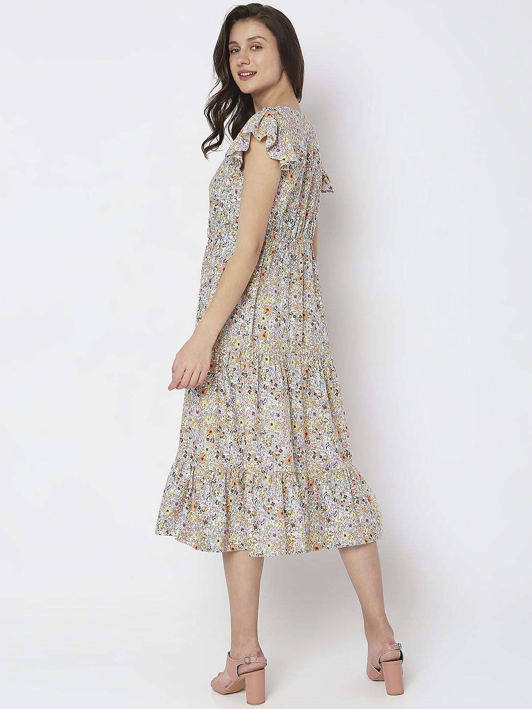 White Floral Print Midi Dress