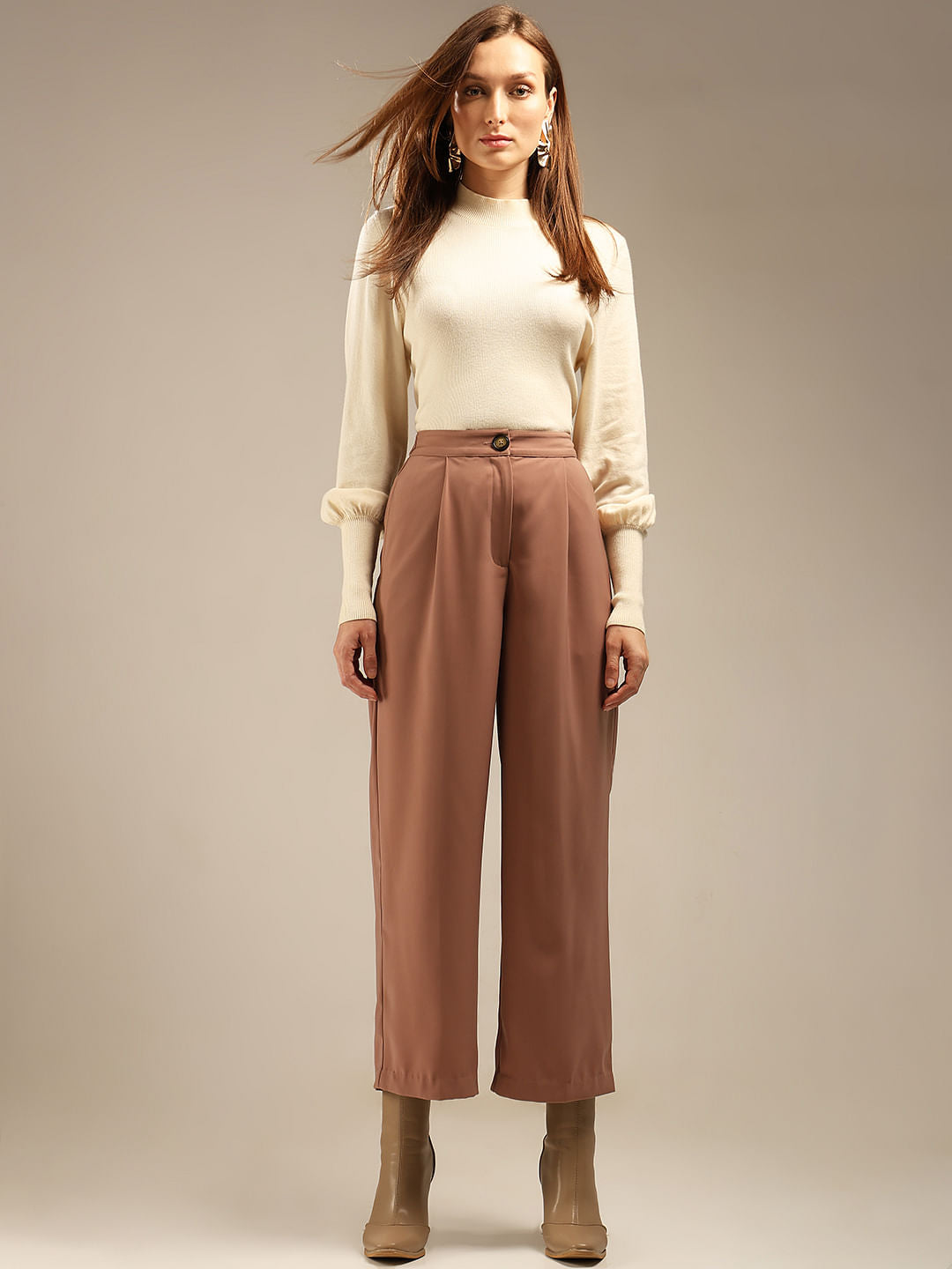 Beige High Rise Wide Leg Pants