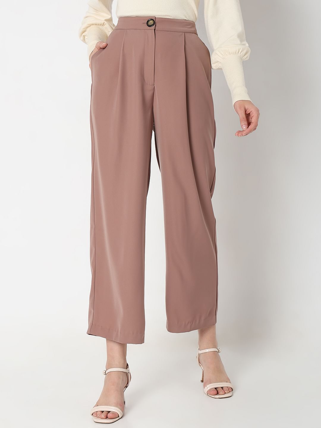 Beige High Rise Wide Leg Pants