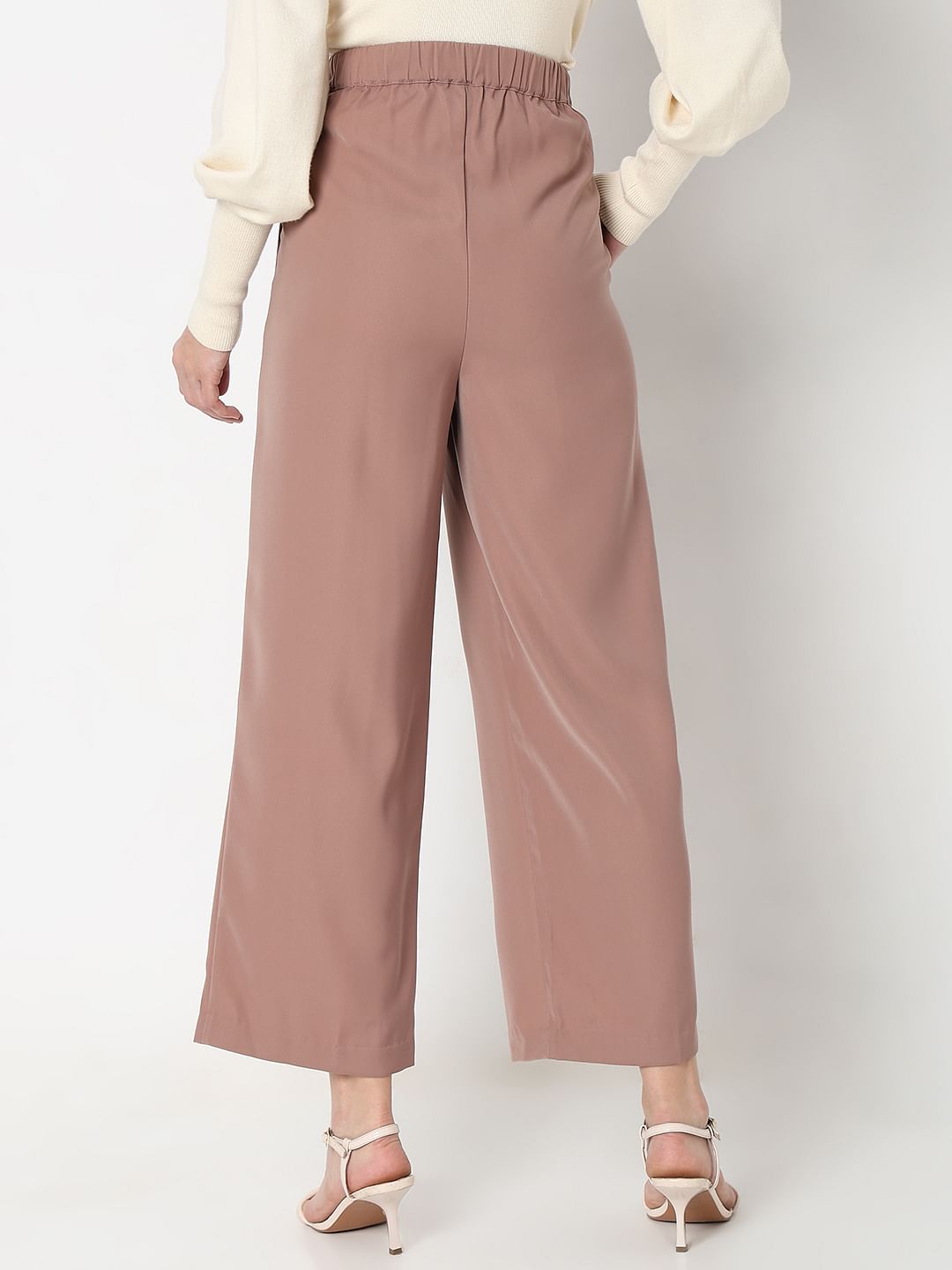 Beige High Rise Wide Leg Pants