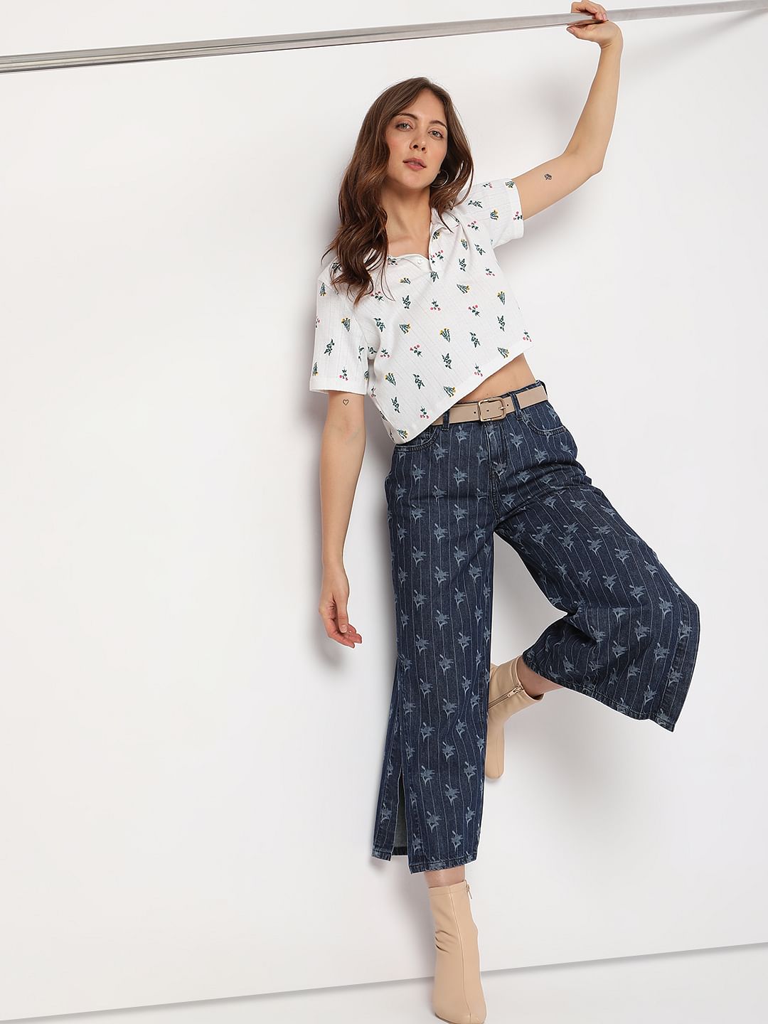 White Floral Printed Crop Top