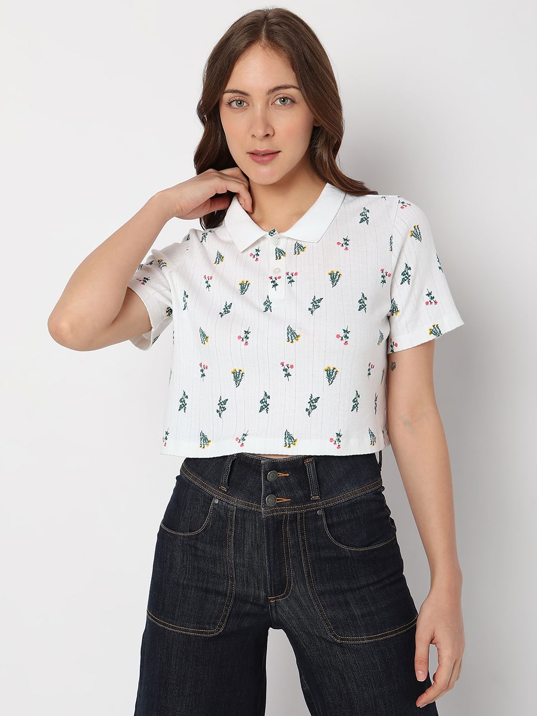 White Floral Printed Crop Top