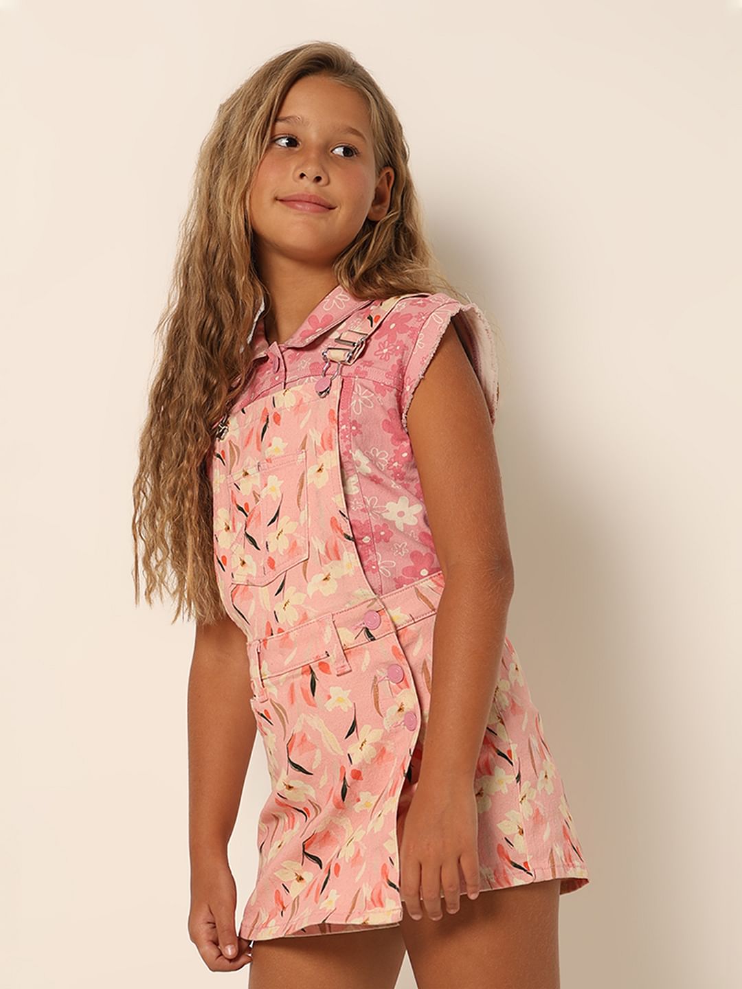 Girls Pink Printed Dungaree