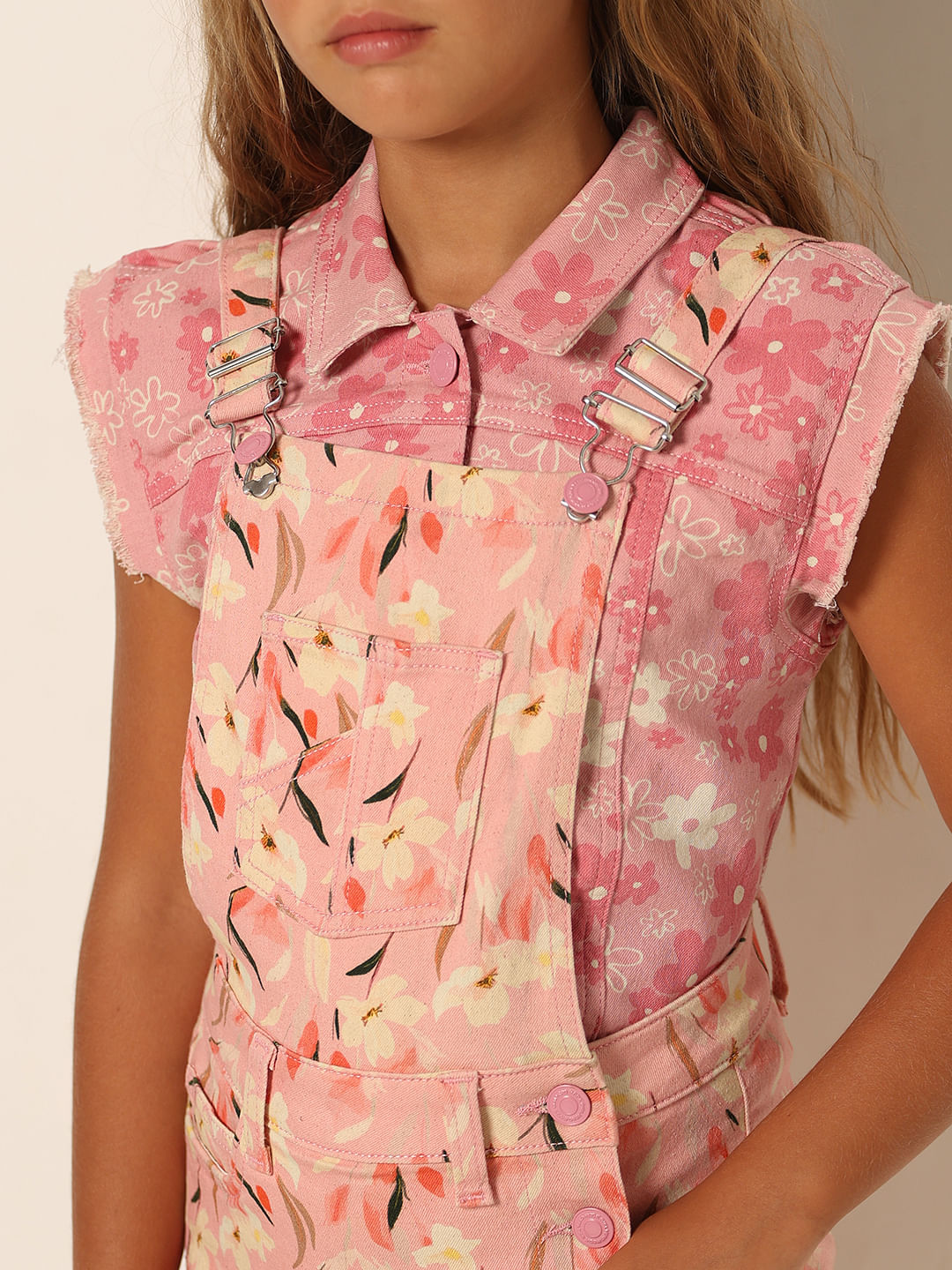 Girls Pink Printed Dungaree