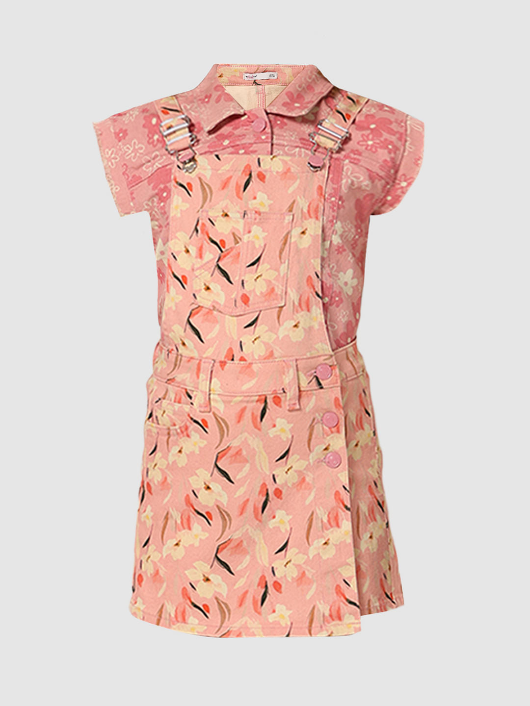 Girls Pink Printed Dungaree