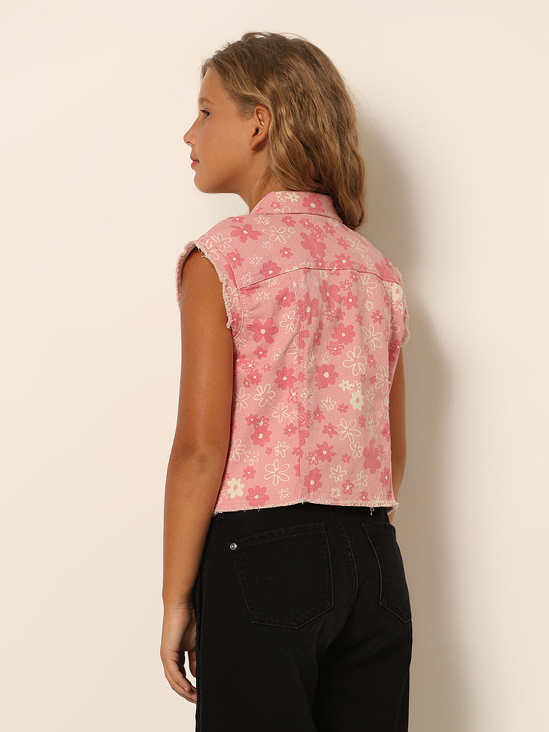 Girls Pink Floral Sleeveless Denim Shirt