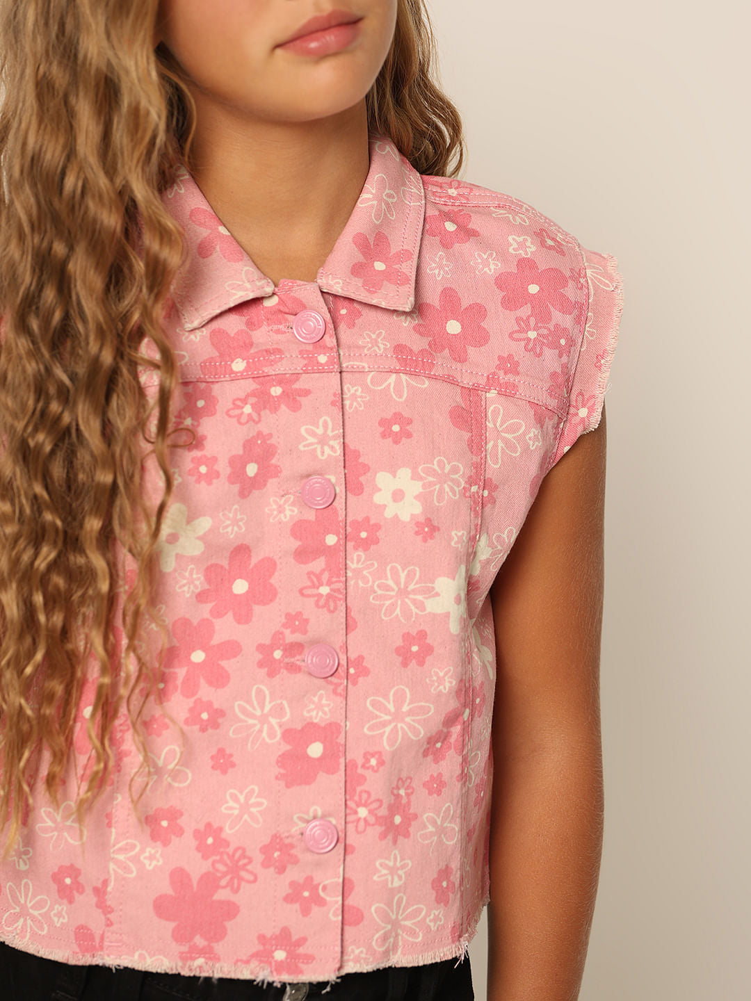 Girls Pink Floral Sleeveless Denim Shirt