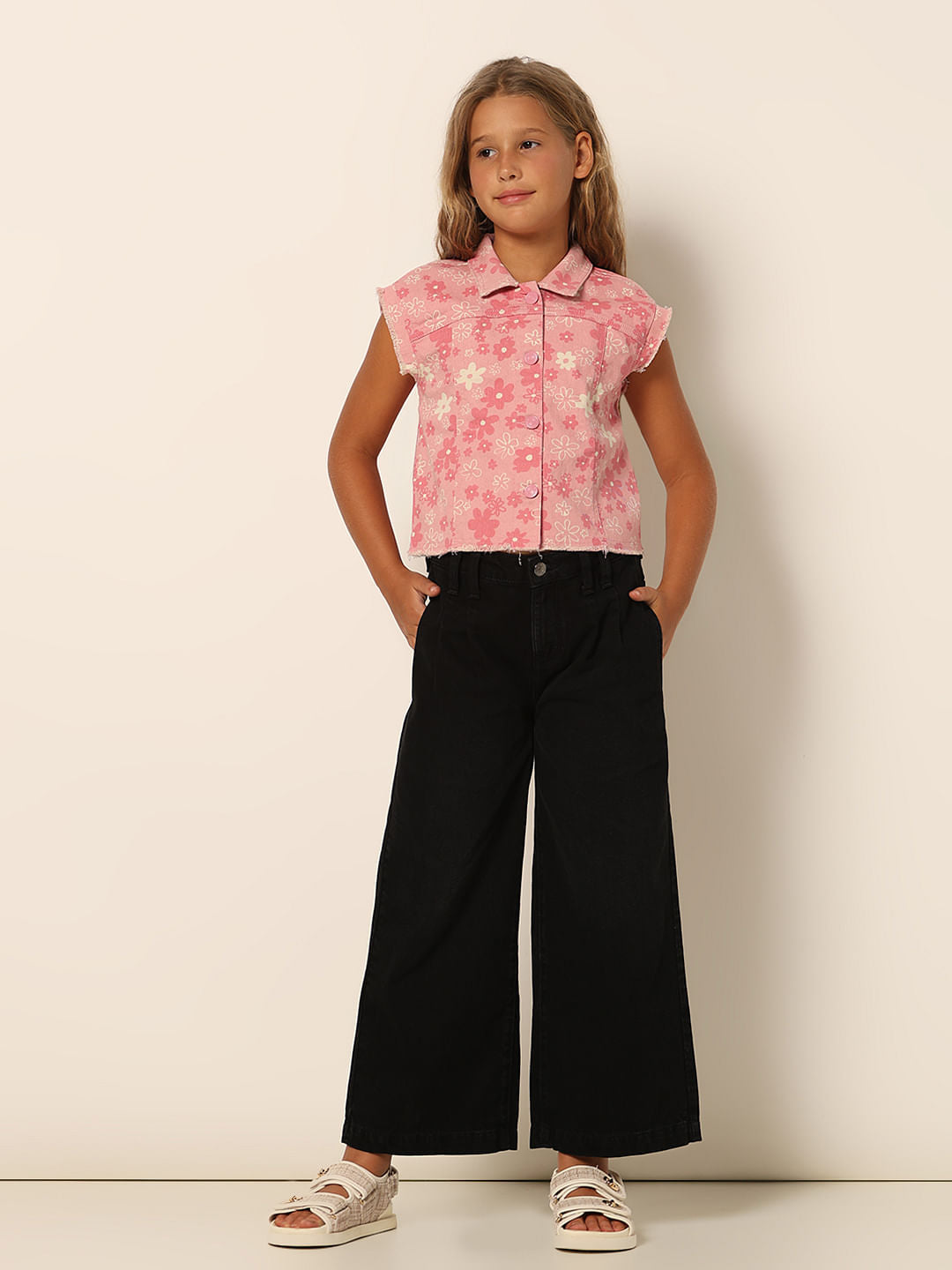 Girls Pink Floral Sleeveless Denim Shirt