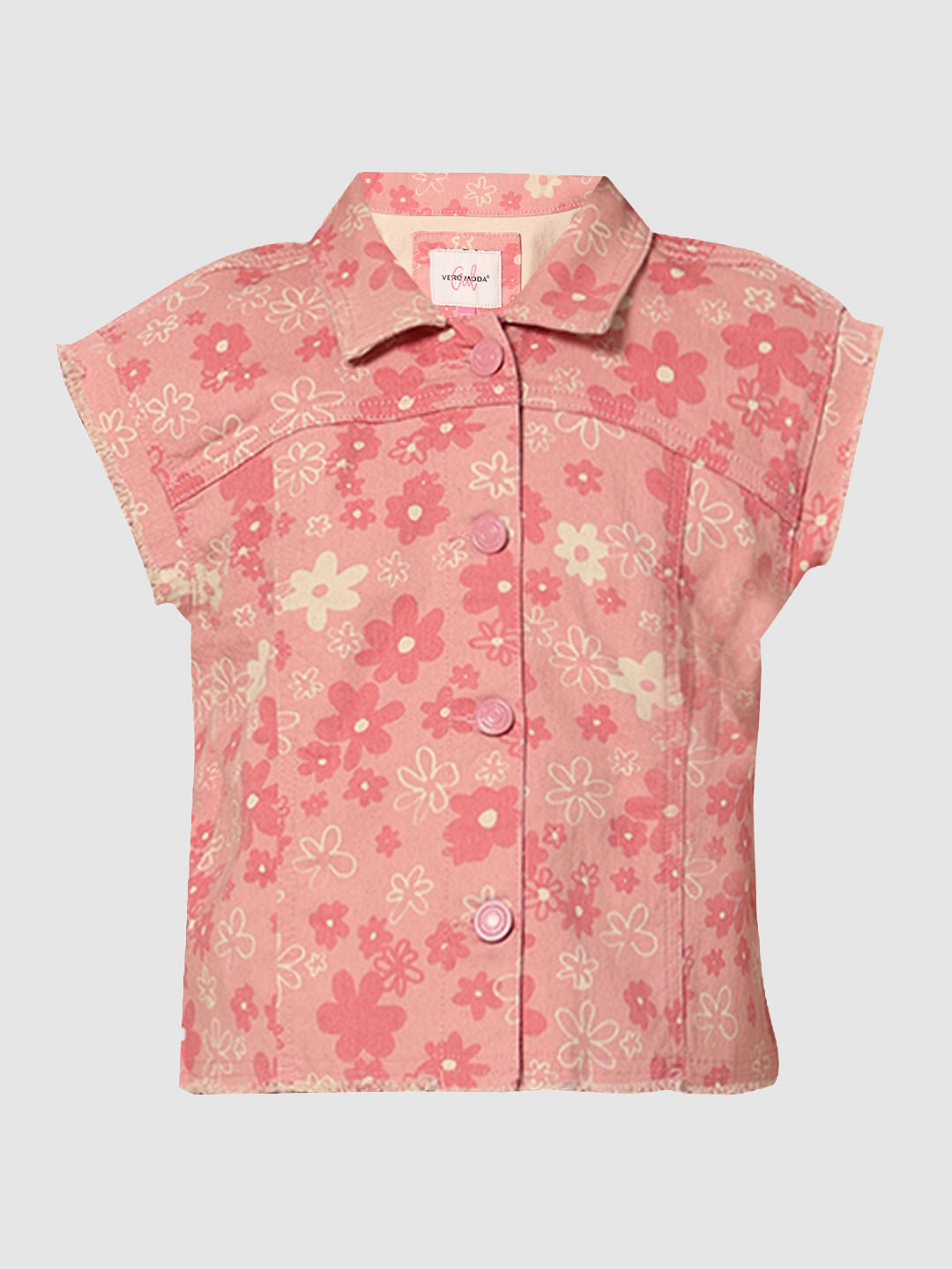 Girls Pink Floral Sleeveless Denim Shirt