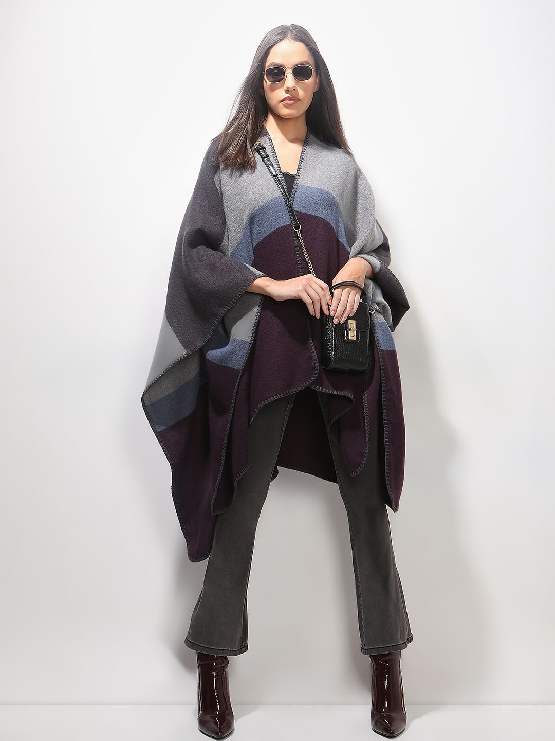 Plum Colourblocked Poncho