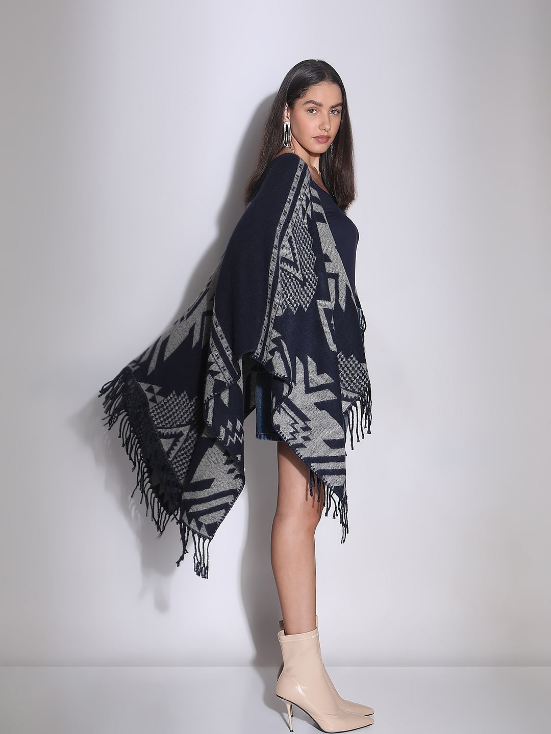 Navy Blue Printed Poncho