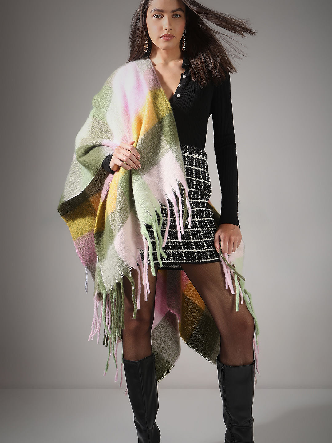Green Check Print Poncho
