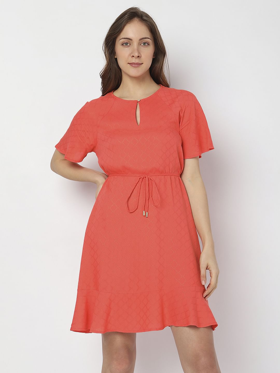 Orange Textured Flared Dress