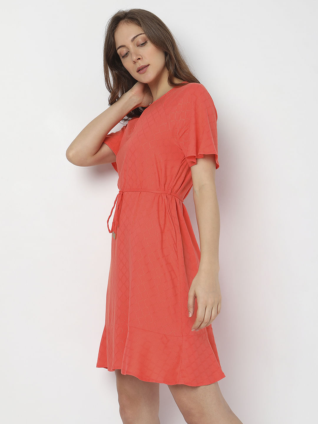 Orange Textured Flared Dress