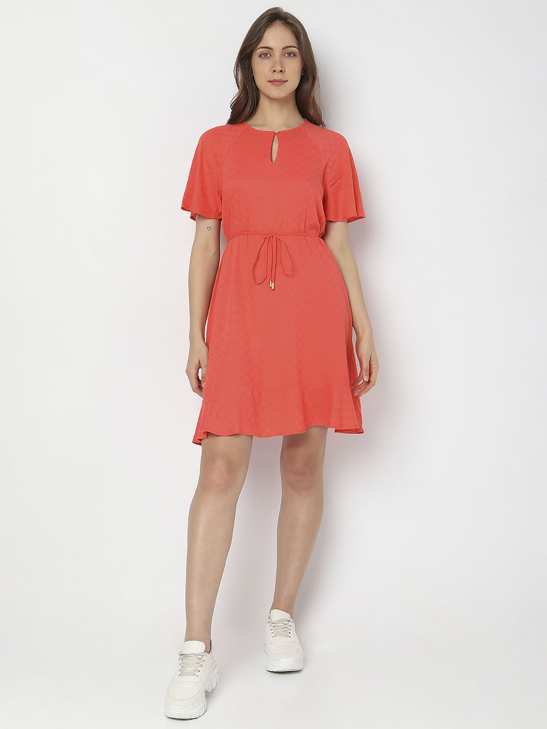 Orange Textured Flared Dress