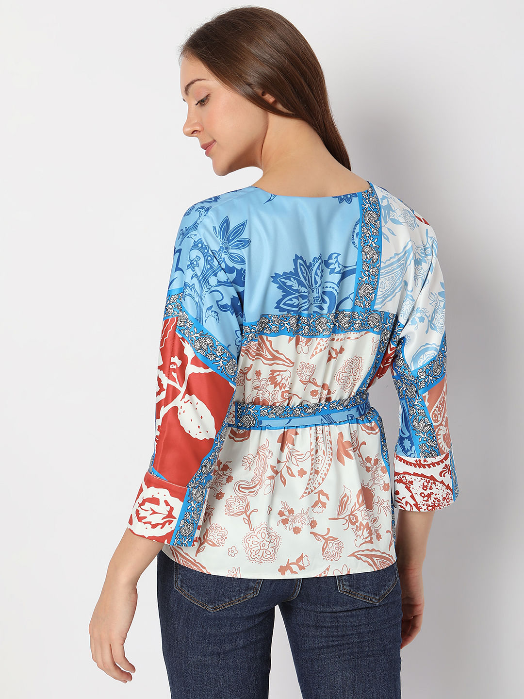 Blue Printed Cinched Waist Top