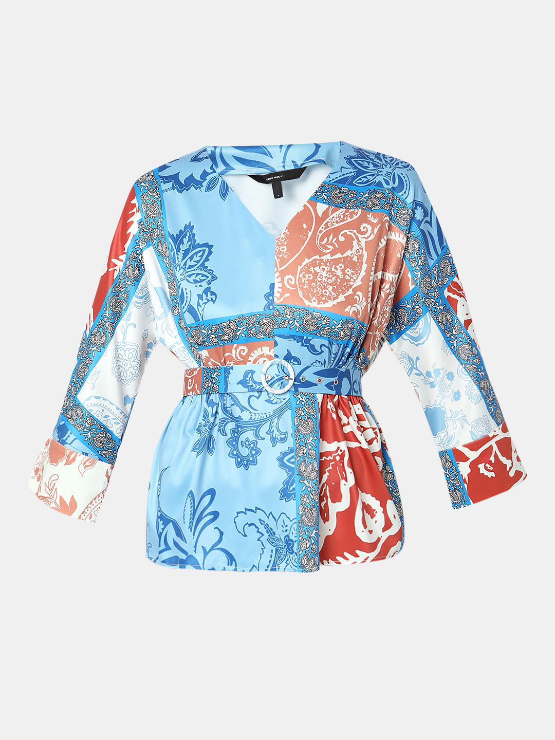 Blue Printed Cinched Waist Top