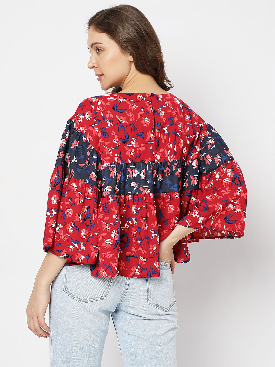 Red Floral Loose Tiered Top