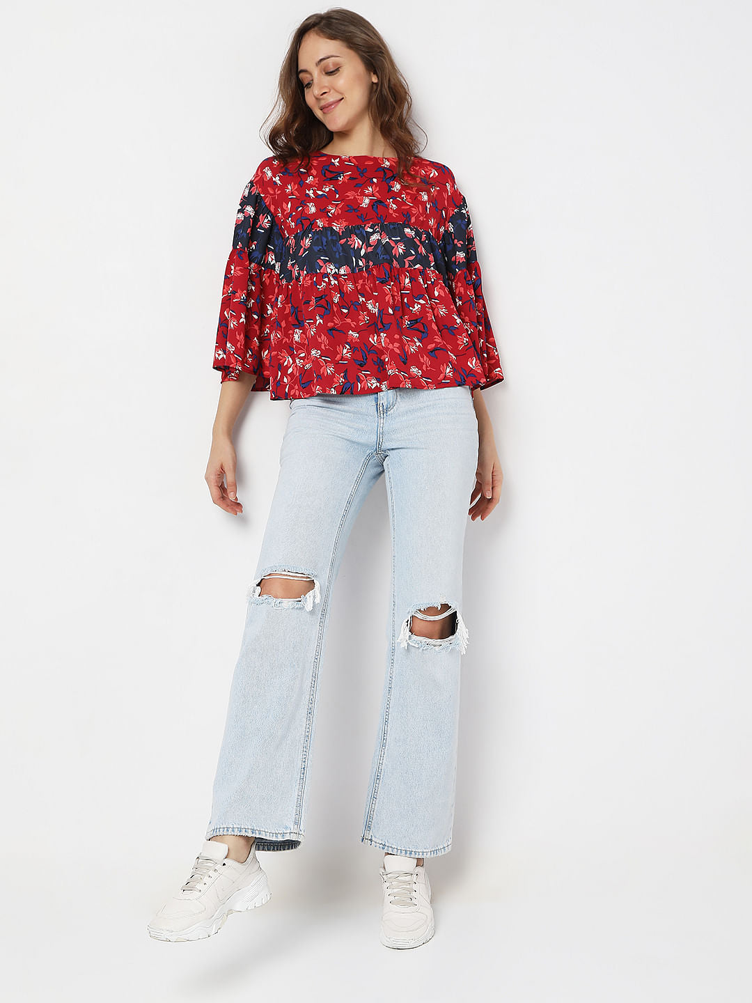 Red Floral Loose Tiered Top