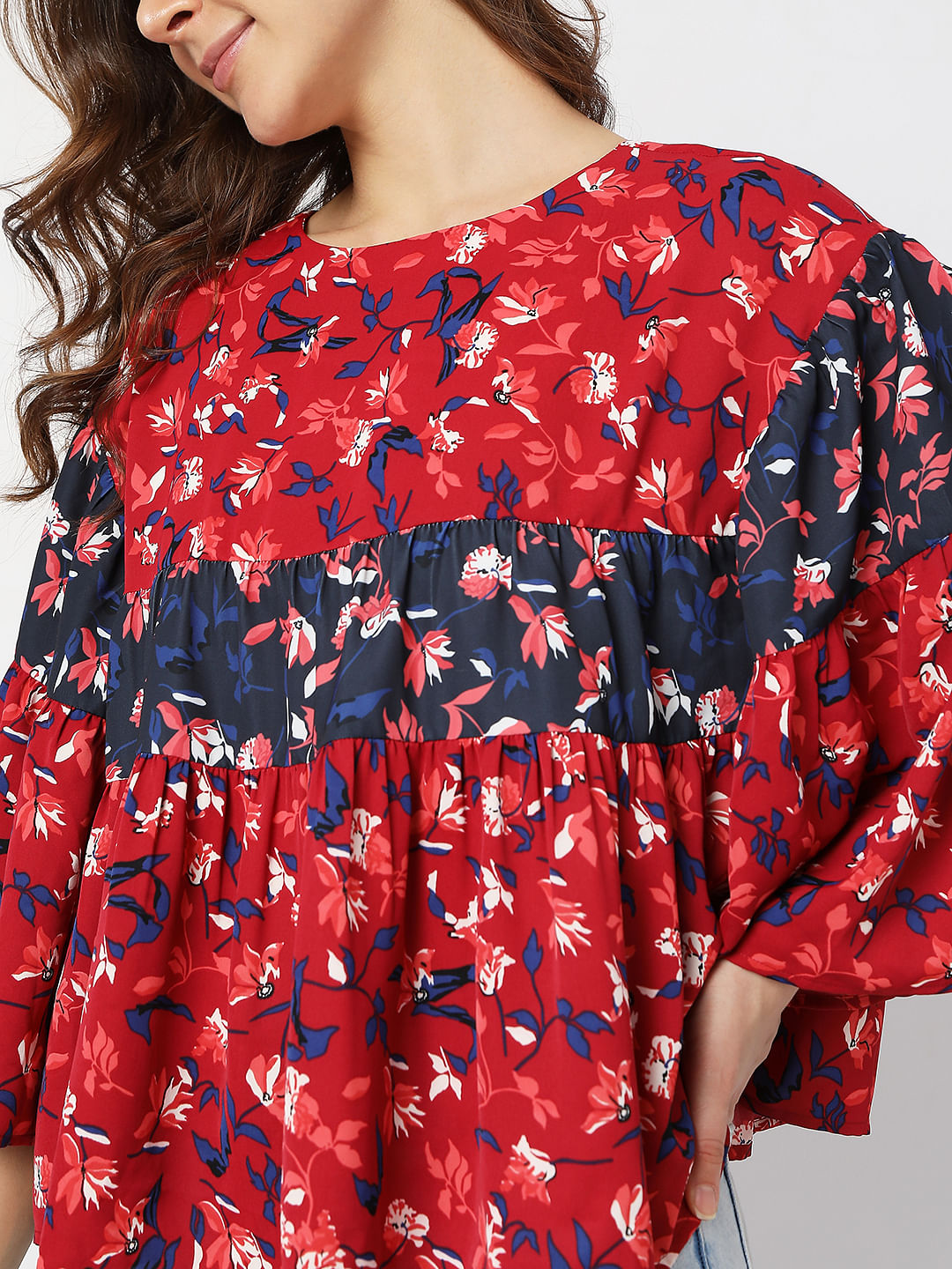 Red Floral Loose Tiered Top