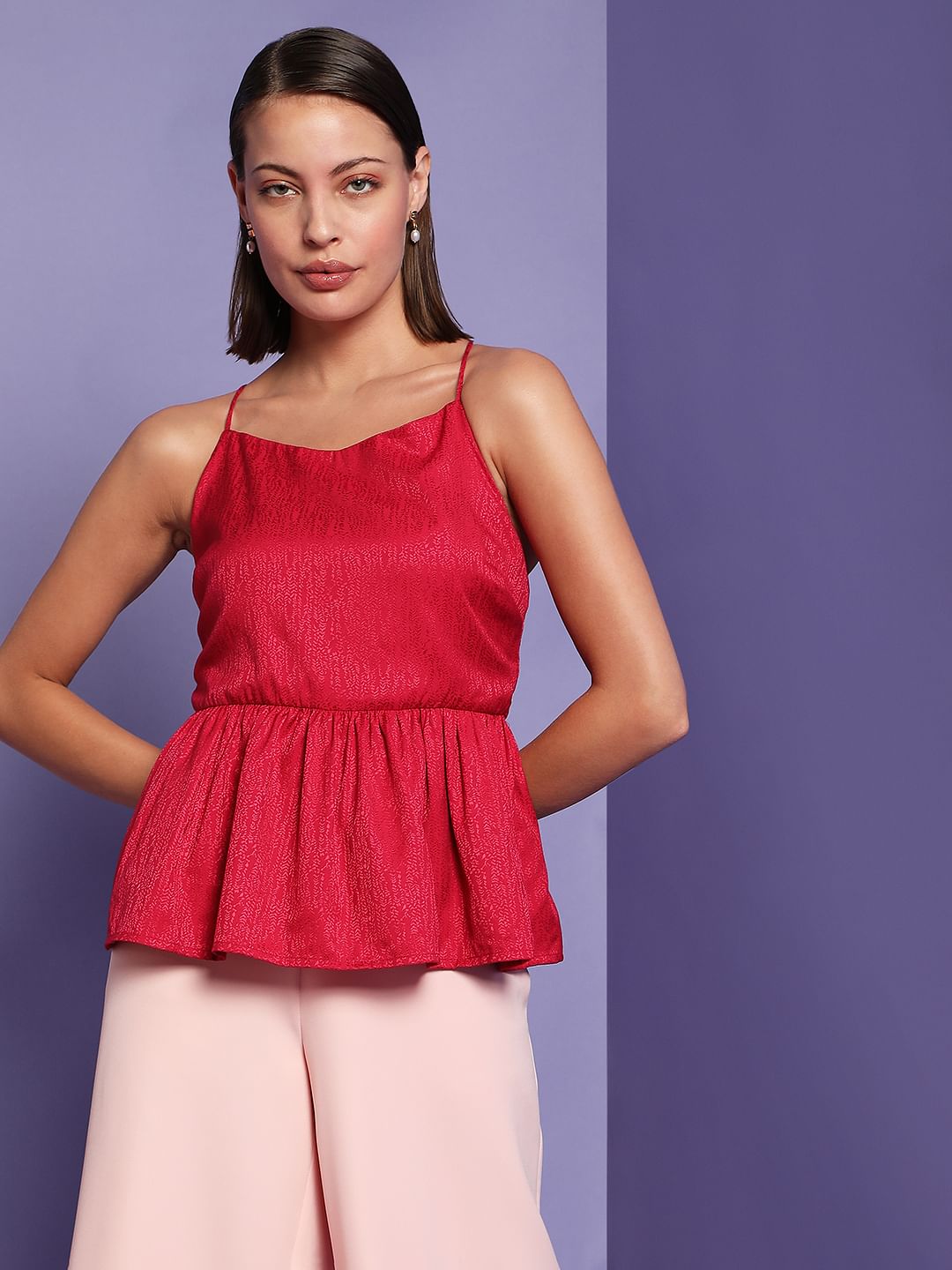 Marquee Dark Pink Jacquard Peplum Top