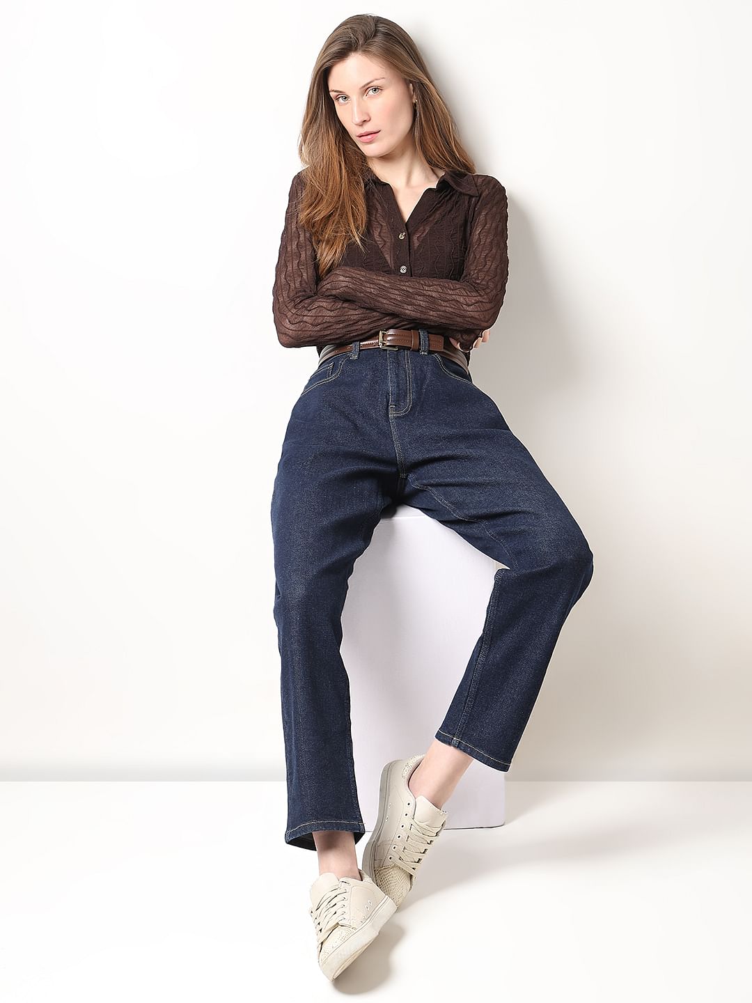 Dark Blue High Rise Mom Fit Jeans